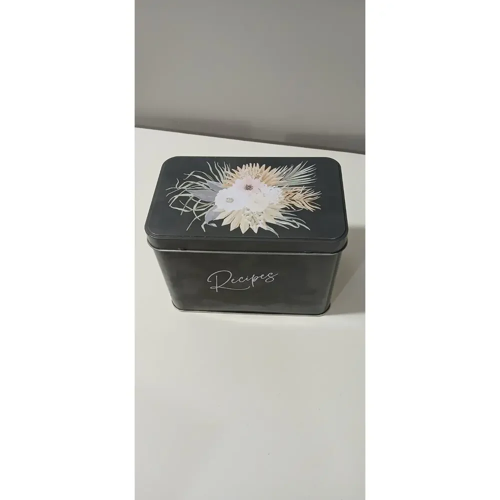 Recipe Box Black with Shaby Floral 8 Dividing Cards for Recipe Organizing Cards